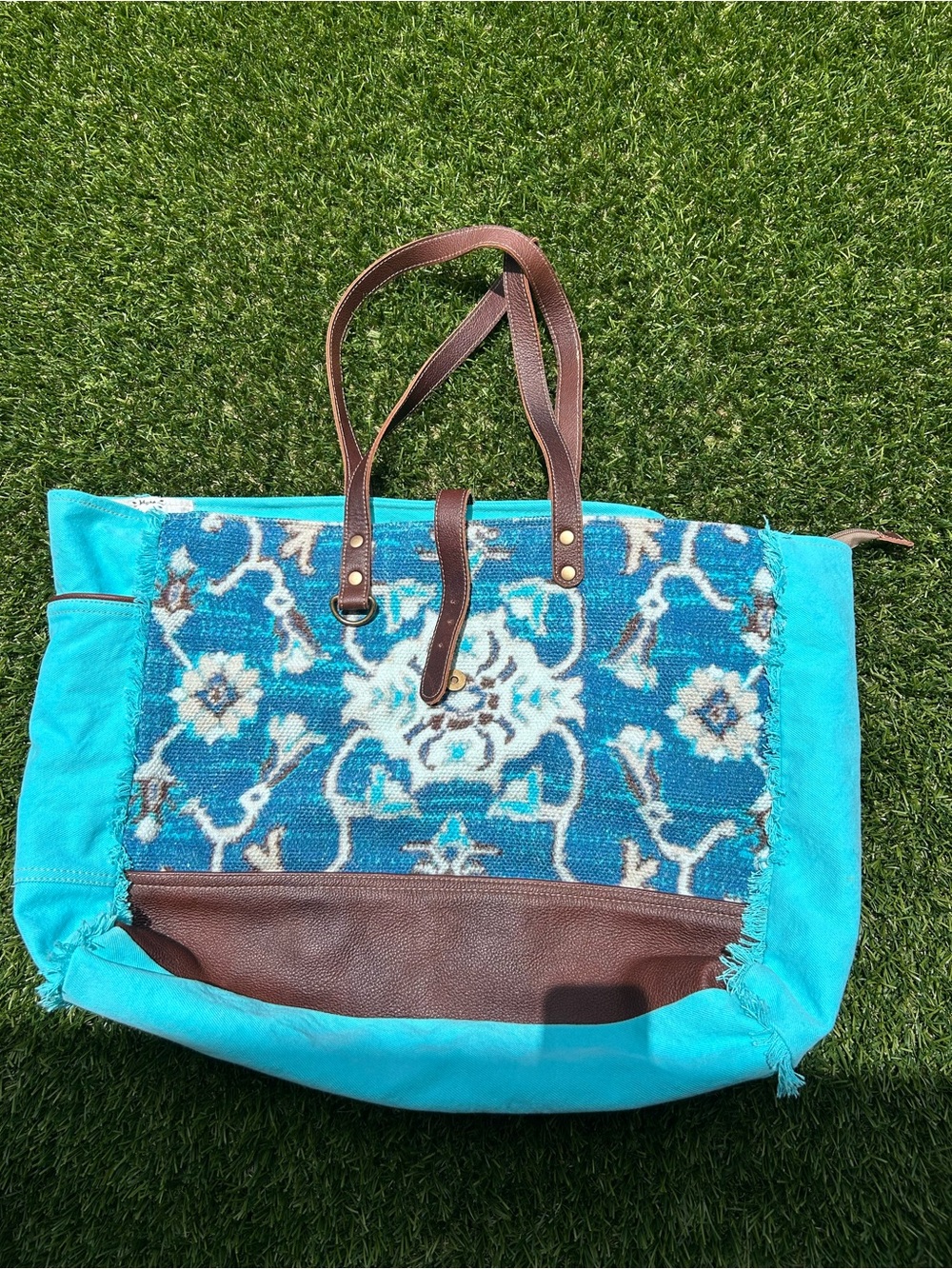 Myra Bag Turquoise Floral Pattern Canvas Tote with Brown Leather Trim (weekender